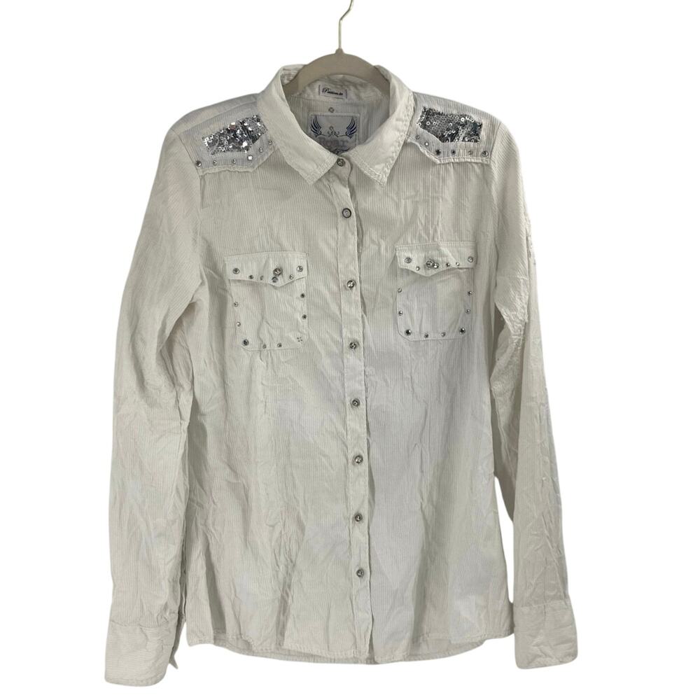 Passion to ROAR Western White Shirt Rhinestone Bling Rodeo Cowgirl Stretch XL